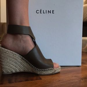 Céline olive leather espadrilles wedges